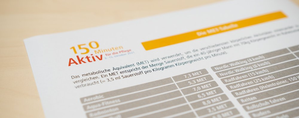 Nahaufnahme von einer ausgedruckten Tabelle, die die METs für verschiedene Sportarten auflistet.