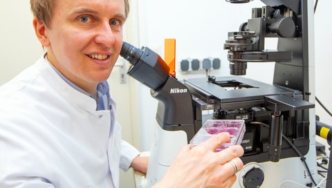 Professor Dr Ingmar Mederacke sits in front of a fluorescence microscope and holds a cell culture plate with stained liver stellate cells.