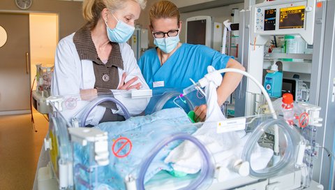 Professor Viemann and PD Dr Sabine Pirr. They are standing at the bedside of a premature baby on the ward for newborns and premature babies at Hannover Medical School, looking in