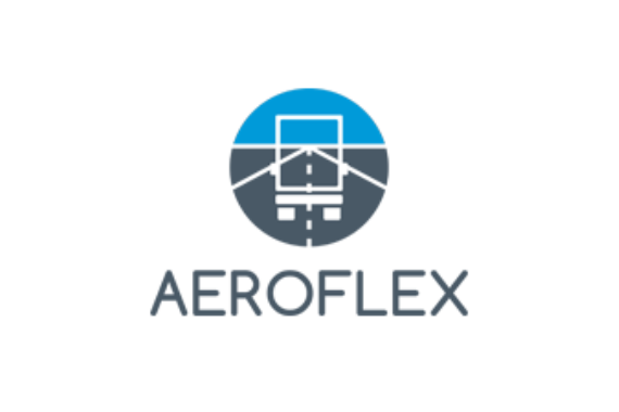 Das AEROFLEX Logo. Ein stilisierter LKW von hinten auf einer Straße.