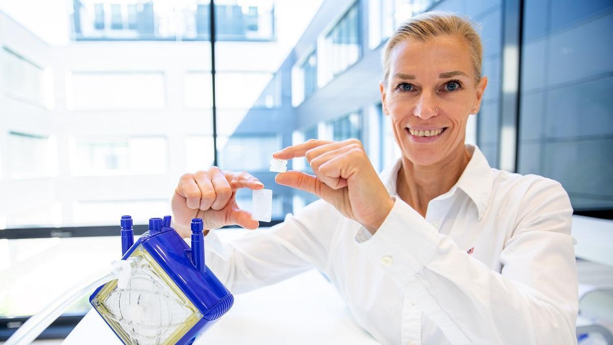 Eine Forscherin hält zwei unterschiedliche Membranstrukturen für künstliche Lungen in den Händen. Daneben steht ein ECMO  Unterstützungssystem. 