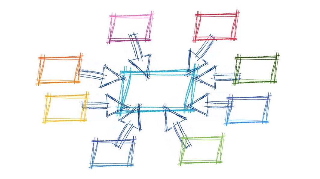 farbige Zeichnung eines Zentrums mit umliegenden Elementen