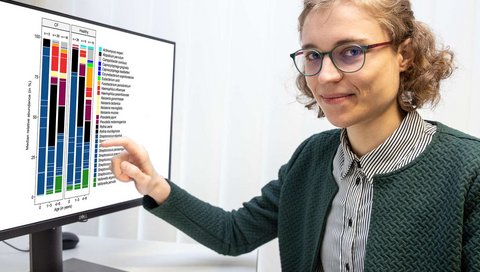 The first author of the study Marie-Madlen Pust with a representation of the diverse bacterial colonisation of the lungs of children with cystic fibrosis and healthy children; Copyright: Karin Kaiser / MHH