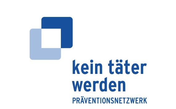 Logo des Präventionsnetzwerks Kein Täter werden - Titel und ein Quadrat mit zwei dunkelblauen und zwei hellblauen Seiten
