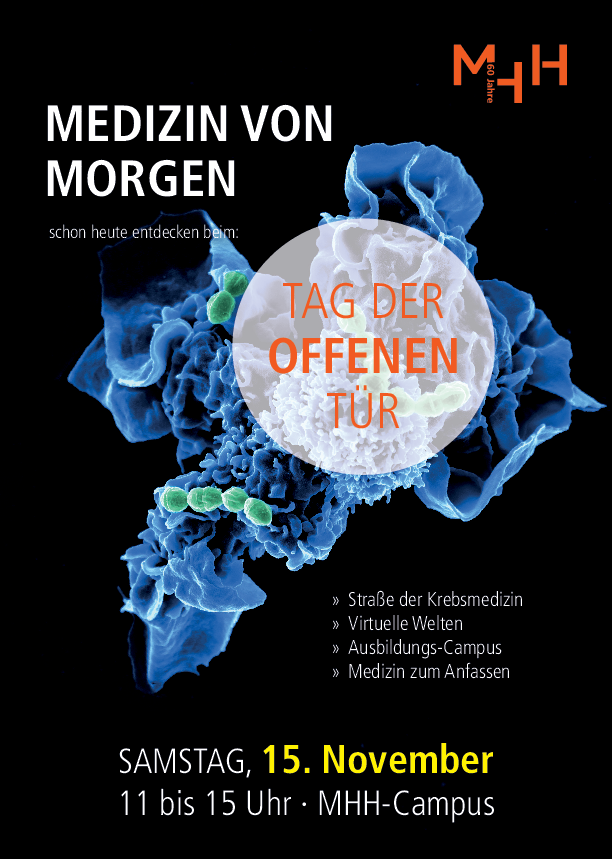 Grafik im Hintergrund zeigt Bakterien auf einem Organ. Schriftzug Medizin von morgen Tag der offenen Tür