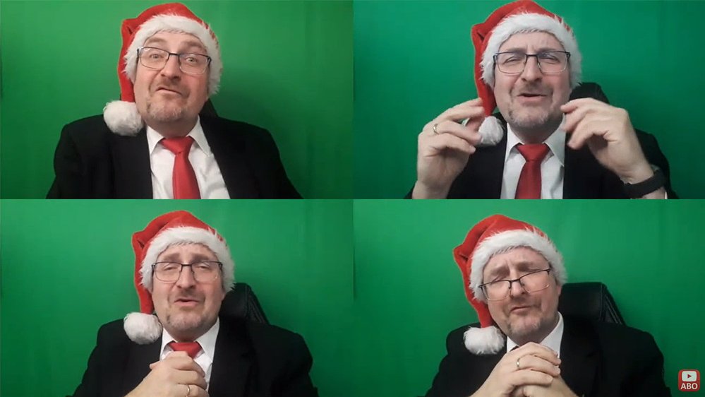 Die Videovorschau zeigt viermal Burkhard Bauche mit Weihnachtsmütze, weil er im Video vierstimmig Weihnachtslieder singt.