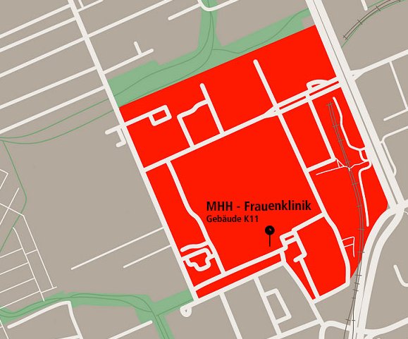 Lageplan der MHH_Kliniken und Institute  auf einm Landkartenausschnitt