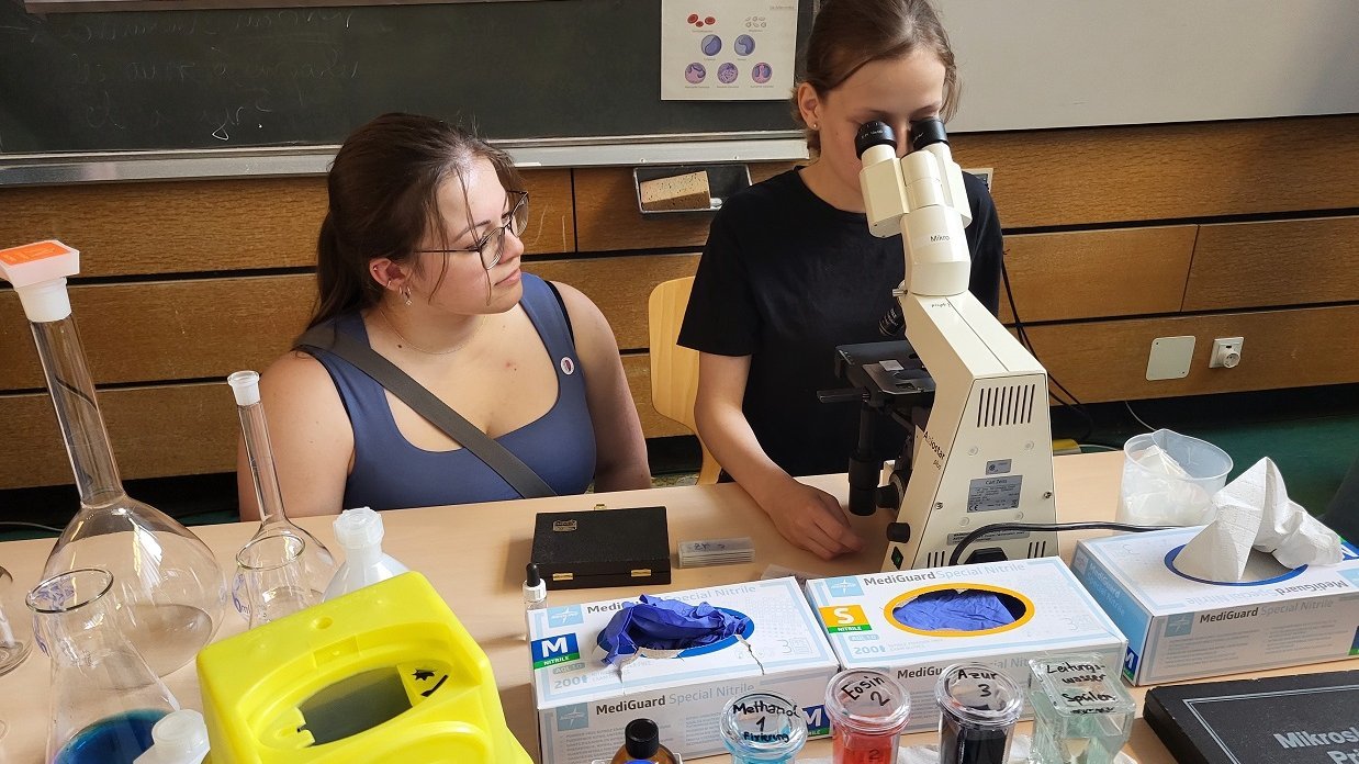 Eine Schülerin sitzt an einem Tisch des Standes der MTL-Schule und blickt in ein Mikroskop. 