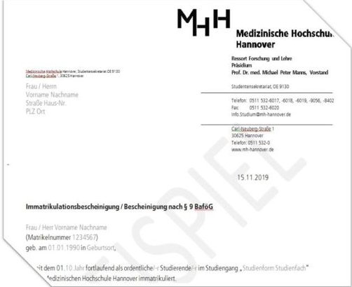 Copyright: Studentensekretariat/MHH_der Briefkopf der MHH ist zu sehen sowie der Anfang einer Studienbescheinigung.