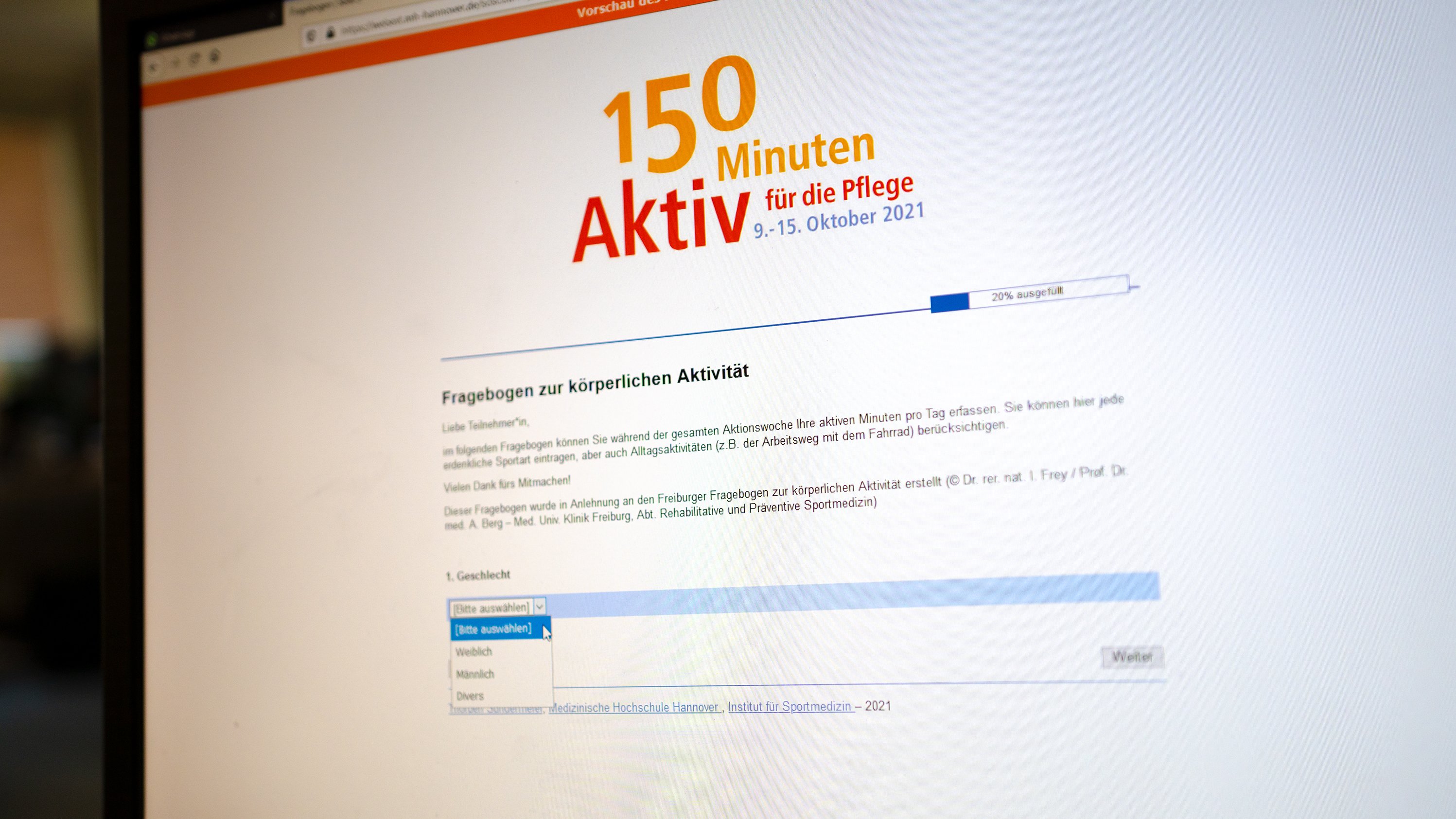 Startseite des Online-Fragebogens zu der Aktionswoche "150 Minuten"