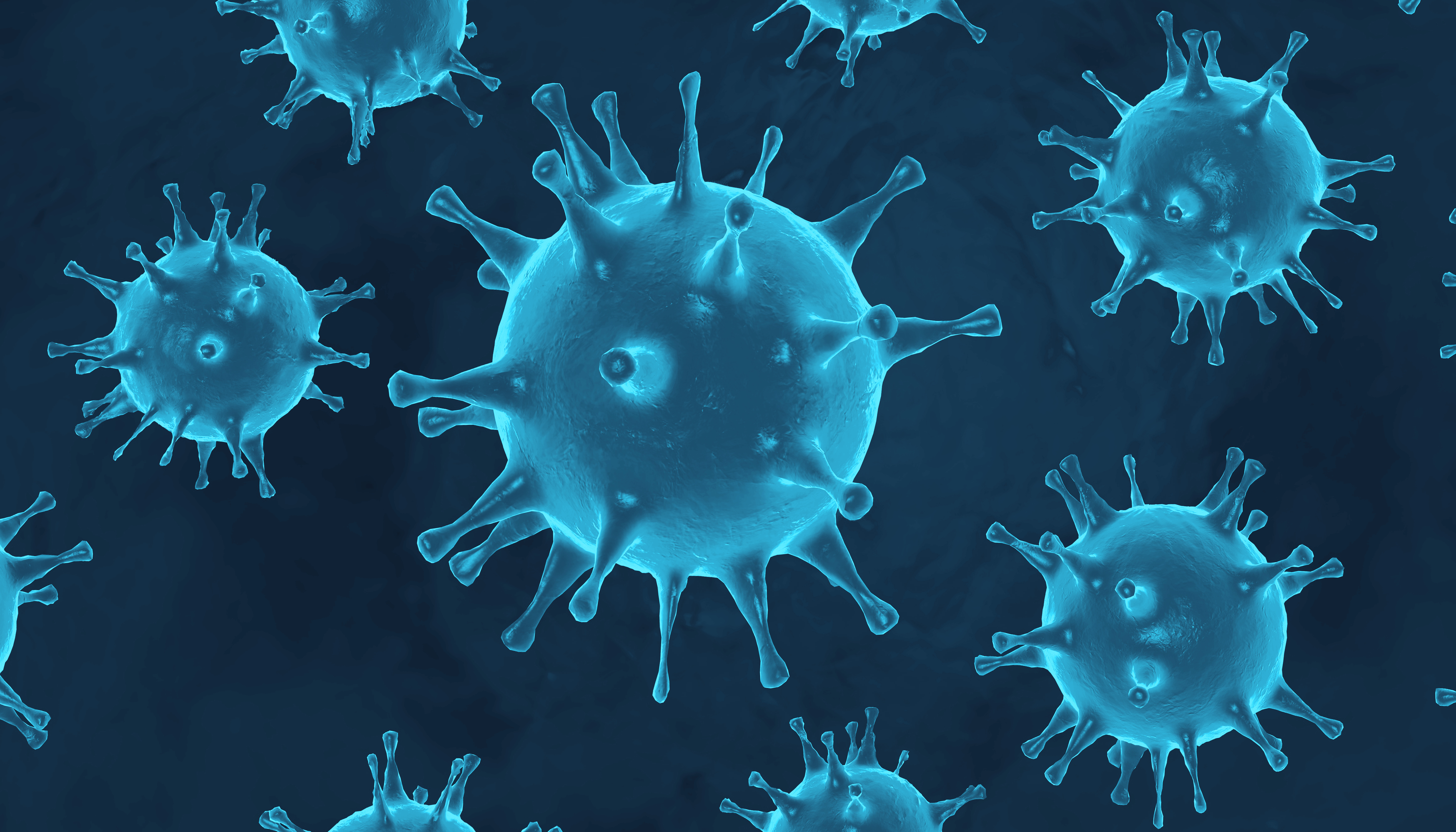 Dunkler Hintergrund mit hellblauen verschieden großen Viren als Schaubild