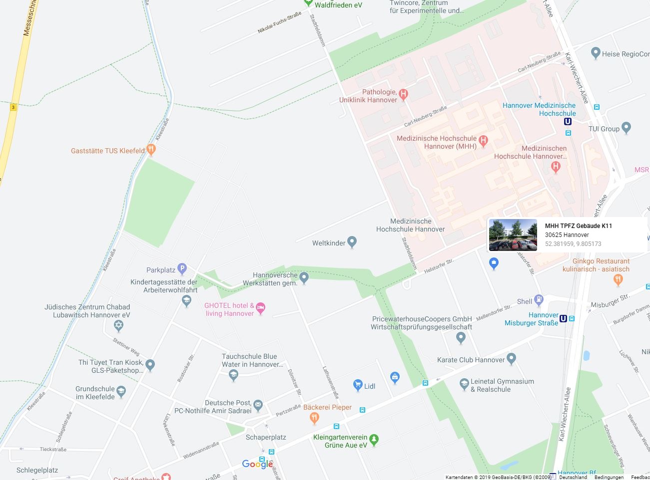 Google maps Karte von Groß Buchholz mit eingezeichnetem Bereich für das Gebäude K11