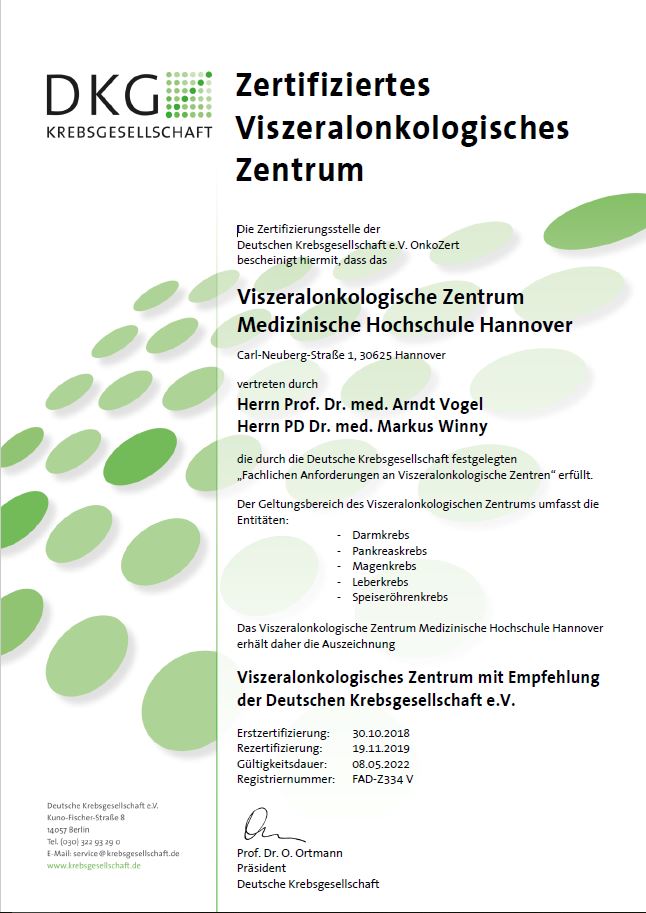 Zertifikat der DKG als Viszeral-Onkologisches Zentrum