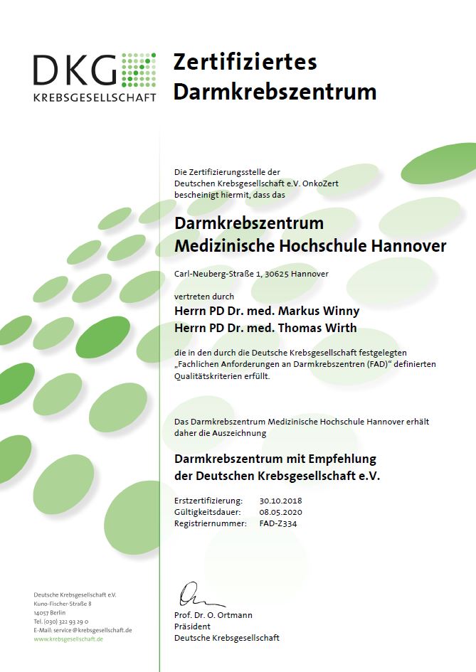 Zertifikat der DKG für Darmkrebs
