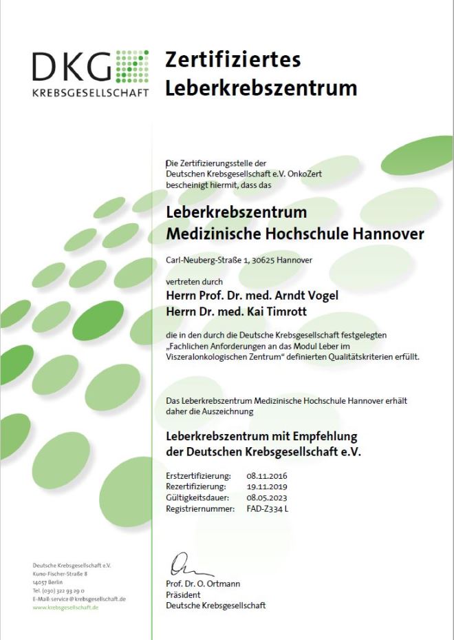 Zertifikat der DKG für Leberkrebs