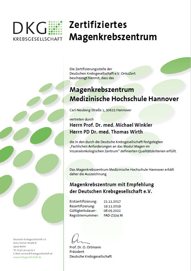 Zertifikat der DKG für Magenkrebs