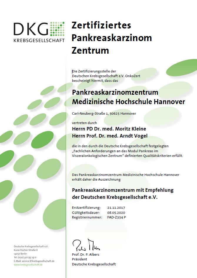 Zertifikat der DKG für Bauchspeicheldrüsenkrebs