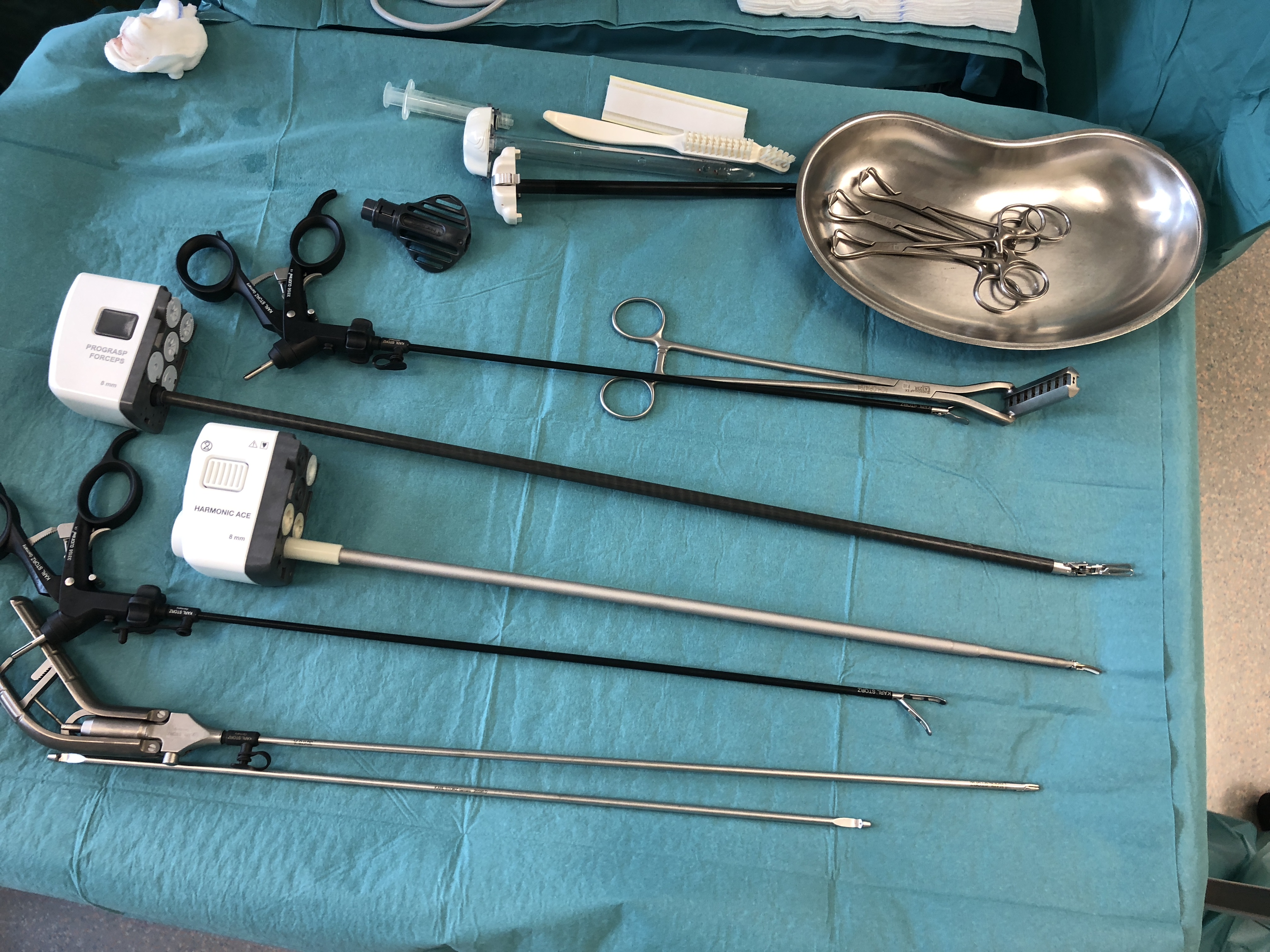 Op Instrumente auf grünem Tuch mit Metallnierenschale
