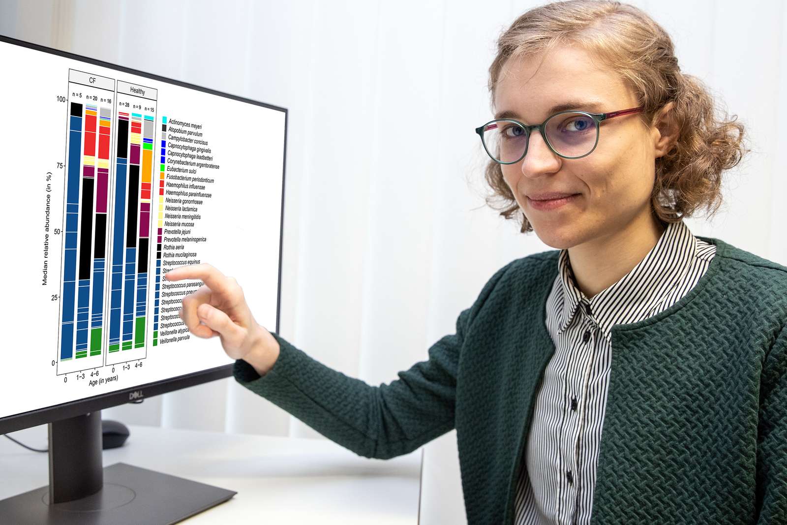 The first author of the study Marie-Madlen Pust with a representation of the diverse bacterial colonisation of the lungs of children with cystic fibrosis and healthy children; Copyright: Karin Kaiser / MHH