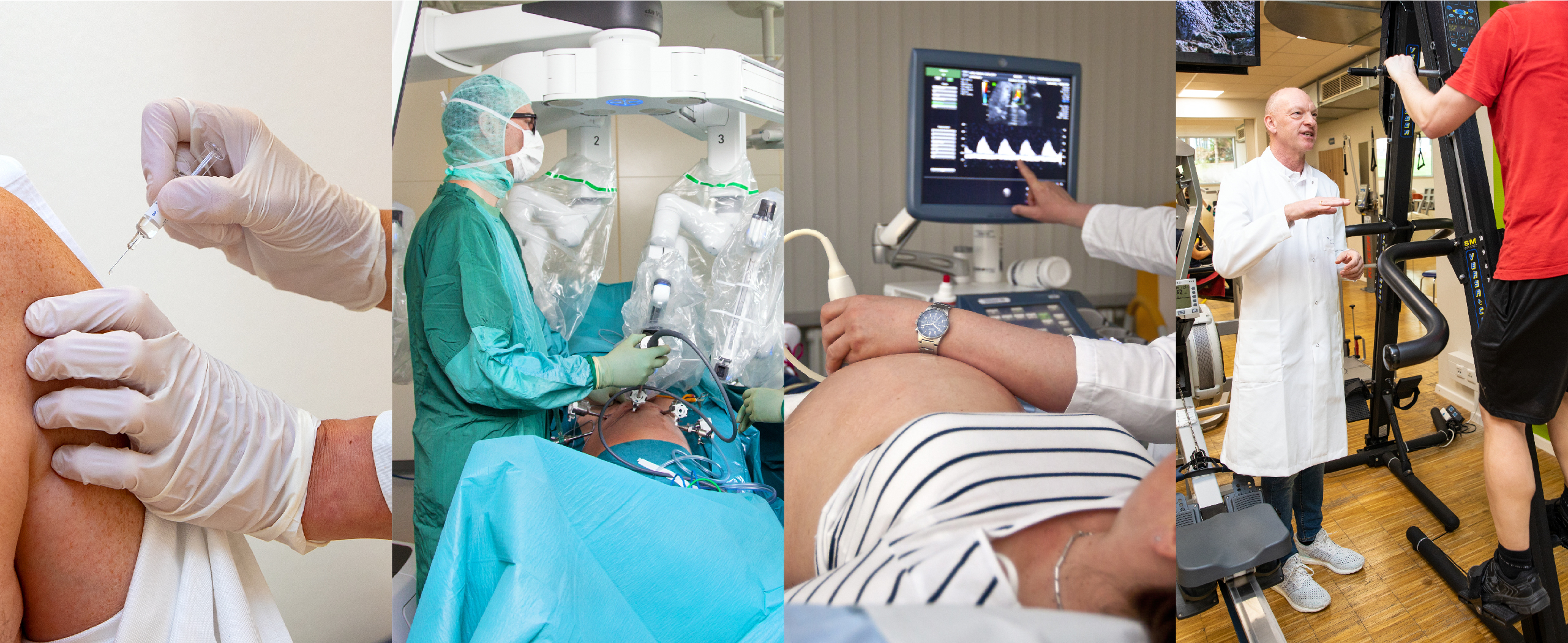 Collage: doctor gives vaccination in arm, surgery, ultrasound on a pregnant woman, doctor supervises exercise on cross trainer