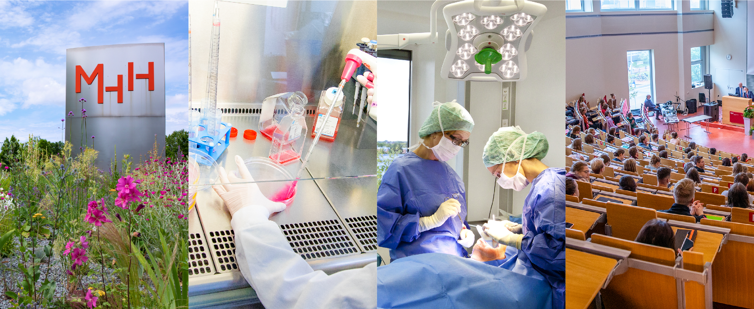 Collage: Stele mit MHH-Logo, Detailaufnahme Pipettieren, zwei Ärzte opertieren, Studierende Sitzen im Hörsaal