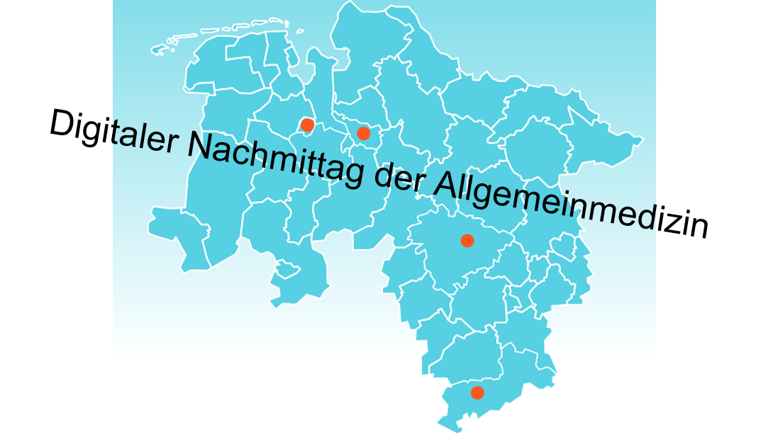 Türkisfarbene Niedersachsenkarte auf der vier rote Punkte gesetzt wurden. In schwarzer Schrift ist folgender Text über die Landkarte gelegt: „Digitaler Nachmittag der Allgemeinmedizin“ 
