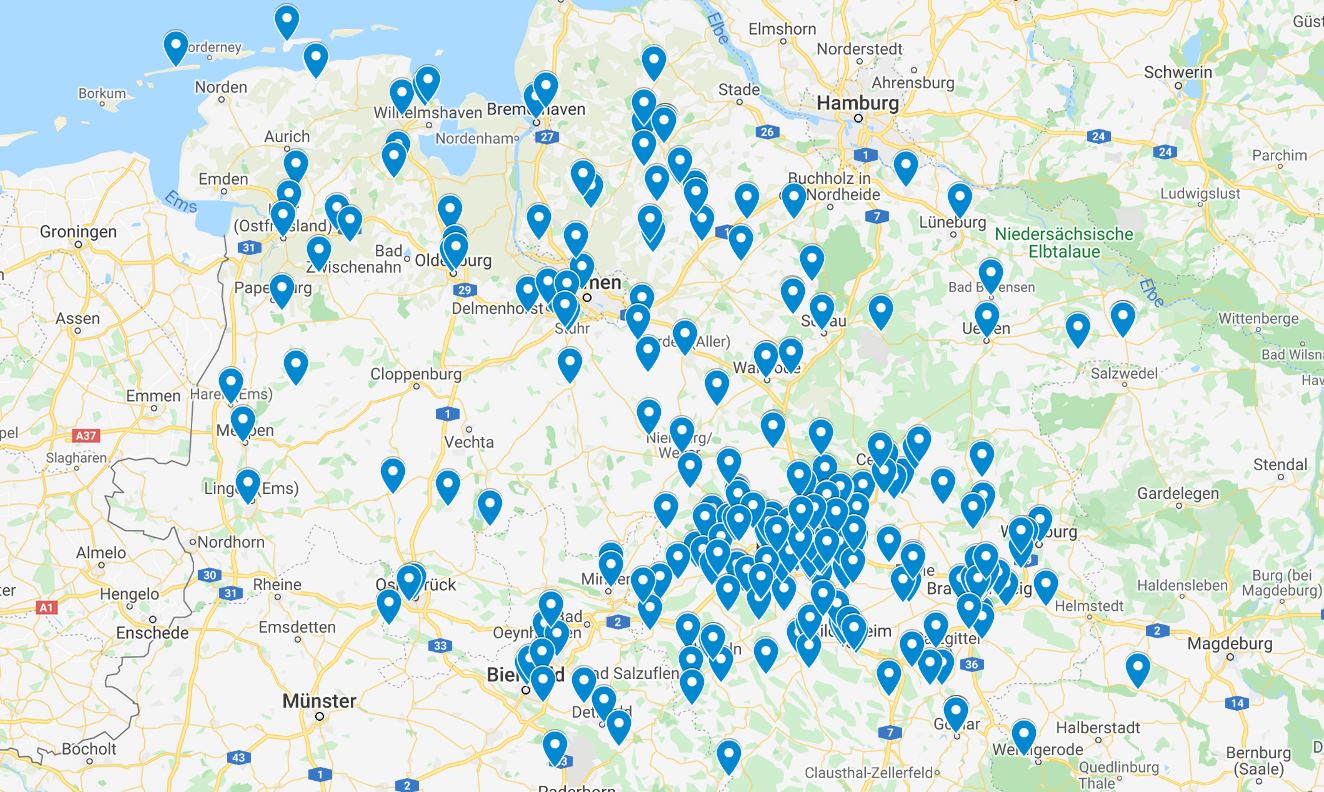 Eine Landkarte auf der die Lehrpraxen des Instituts für Allgemeinmedizin und Palliativmedizin mittels Stecknadeln verortet sind.