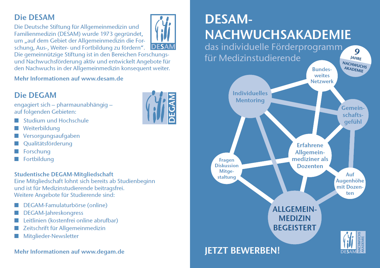 Flyer der DESAM-Nachwuchsakademie – das individuelle Förderprogramm für Medizinstudierende.