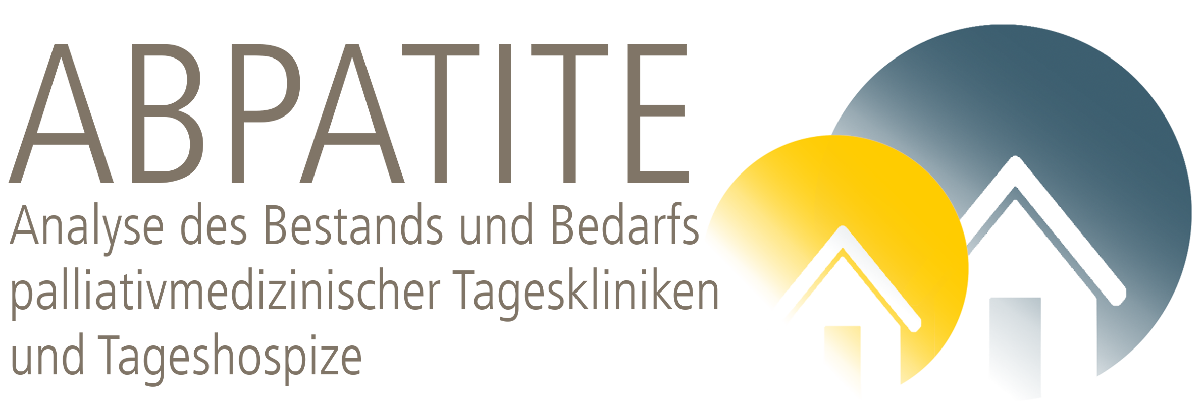 Ein blauer und ein gelber Kreis, jeweils mit einem darin abgebildeten weißen Haus stellen das Logo des Projekts ABPATITE zur Analyse des Bestands und Bedarfs palliativmedizinischer Tageskliniken und Tageshospize dar.