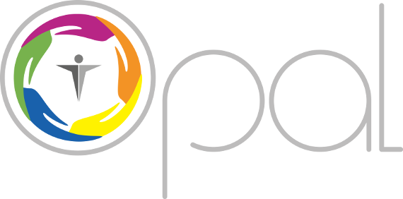 Das Logo des Projekts OPAL besteht aus den vier Buchstaben wobei im Buchstaben O fünf verschiedenfarbige Hände aneinander greifen. In der Mitte ist eine mittig geteilte Figur in Grautönen abgebildet.