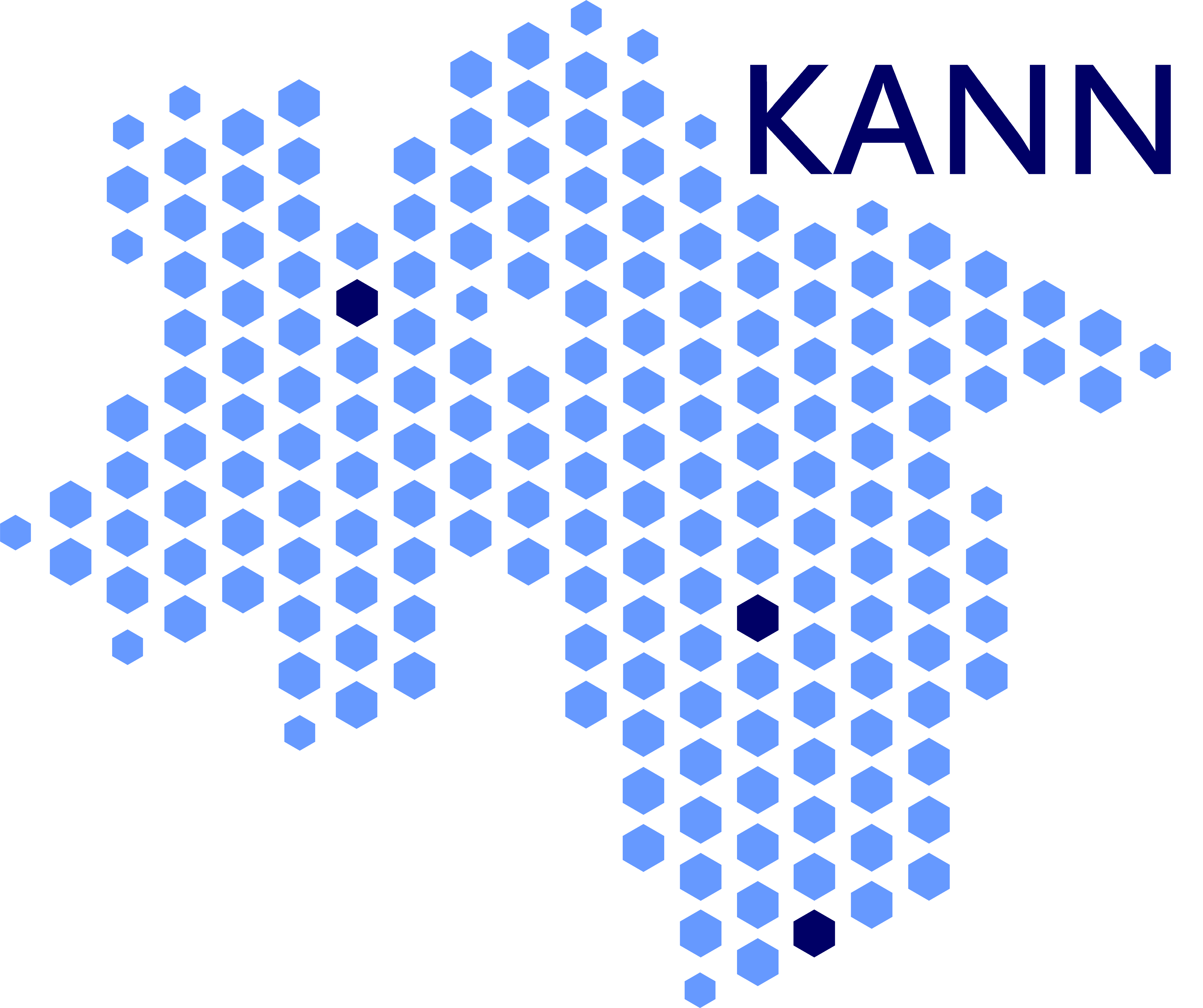 Blaue Punkte sind so angeordnet, dass sie die Karte des Bundeslandes Niedersachsen erkennen lassen. Die Darstellung stellt das Logo des KANN—des Kompetenzzentrums zur Förderung der Weiterbildung Allgemeinmedizin Niedersachsen—dar.