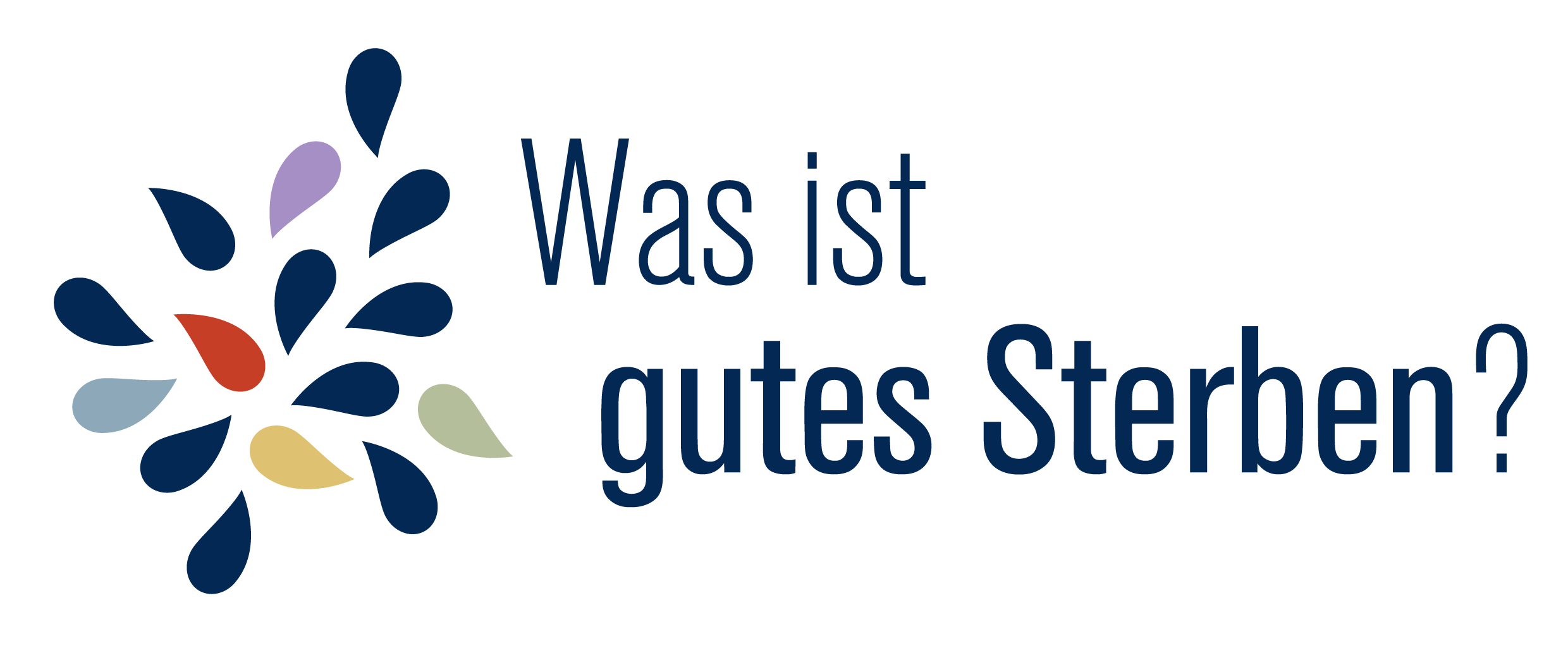 Bunte Tropfen sind auf der linken Seite abgebildet. Auf der rechten Seite steht die Frage „Was ist gutes Sterben?“