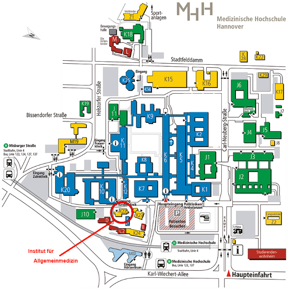 Lageplan der MHH. Gebäude K23 ist umkreist.