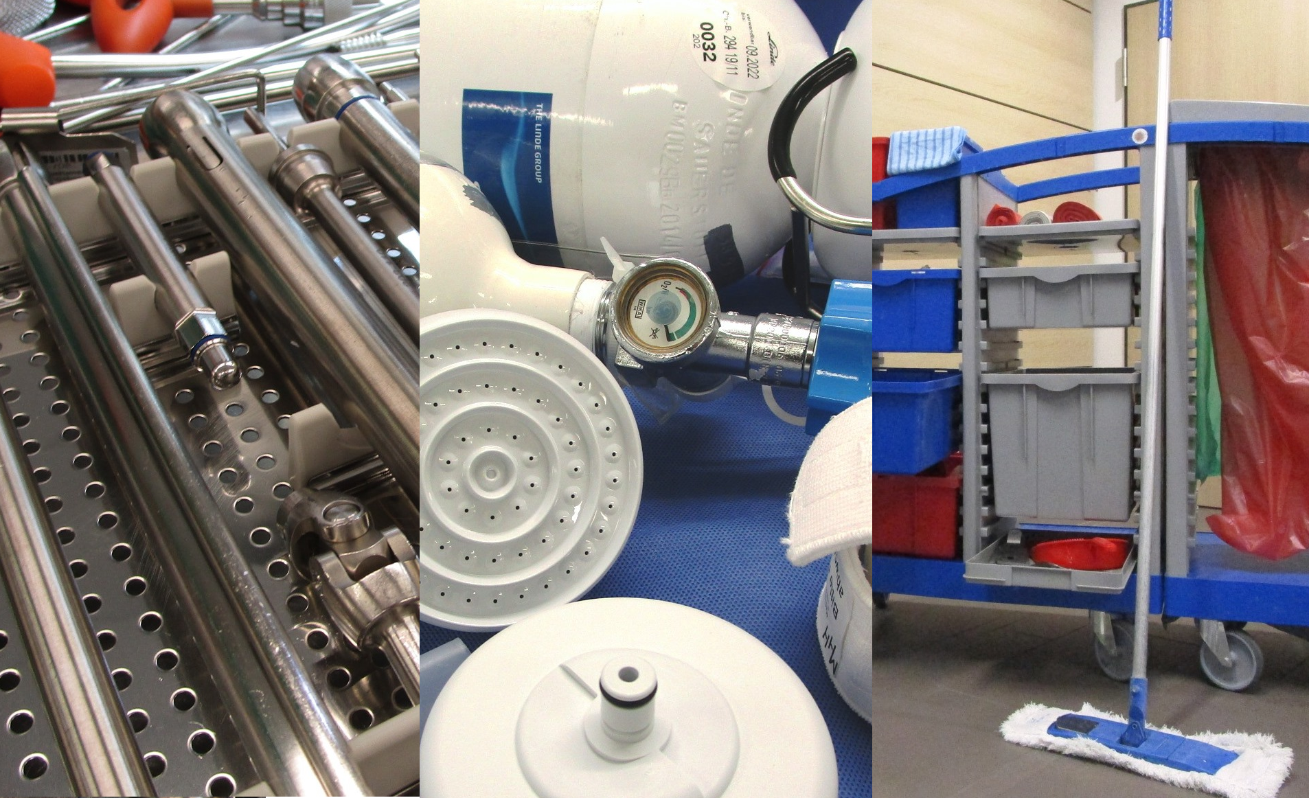 Bildkombination aus medizinschem Instrumentar, medizinschen Geräten und einem Reinigungswagen