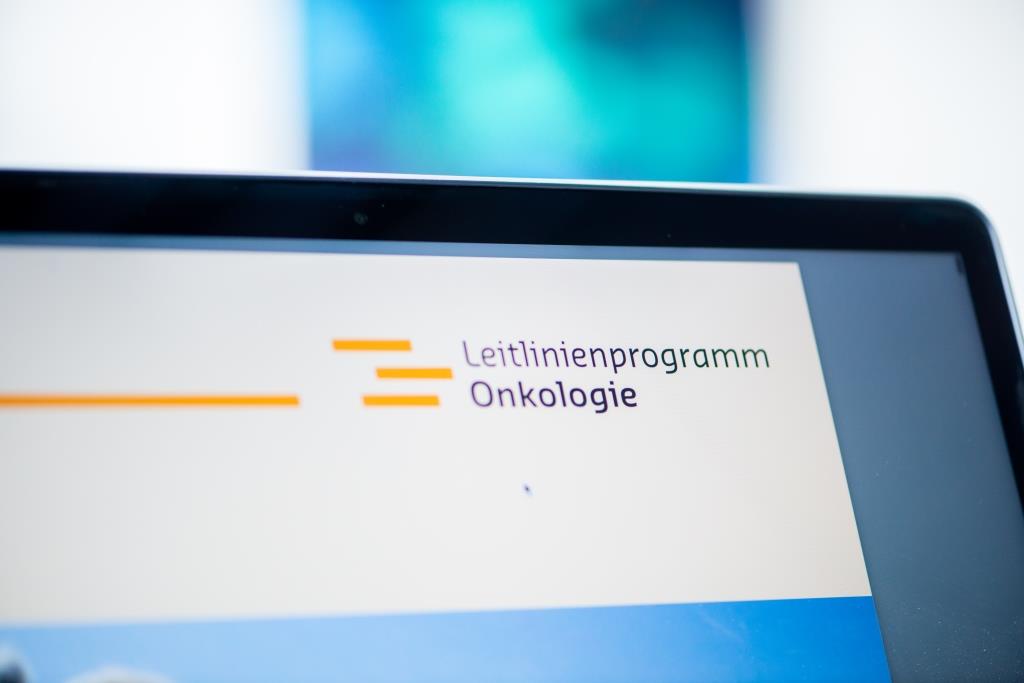 Laptopbildschirm auf dem das Logo "Leitlinienprogramm Onkologie" steht
