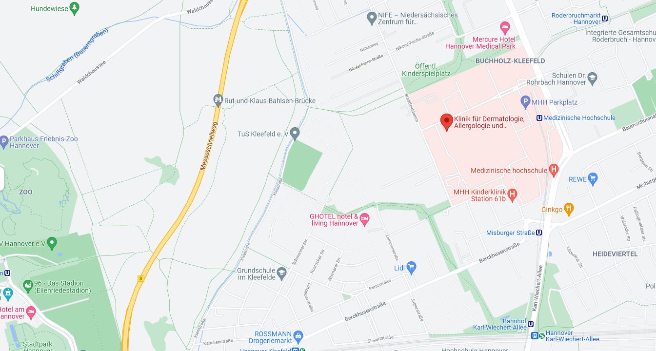 Karte aus Google Maps mit der Klinik für Dermatologie, Allergologie und Venerologie