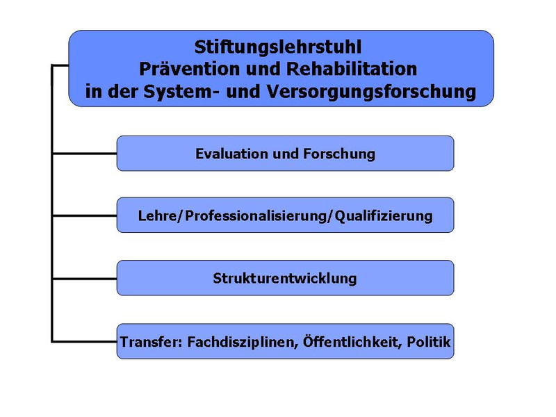 Grafik Tätigkeitsfelder des Stiftungslehrstuhls Prävention und Rehabilitation in der System- und Versorgungsforschung