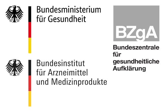 Logos des Bundesministeriums für Gesundheit, des Bundesinstitutes für Arzneimittel und Medizinprodukte und der Bundeszentrale für gesundheitliche Aufklärung.