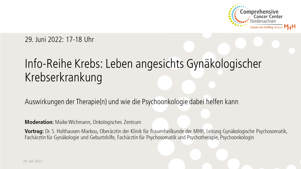 Info-Reihe Krebs: Leben angesichts gynäkologischer Krebserkrankung mit Frau Dr. Holthausen-Markou