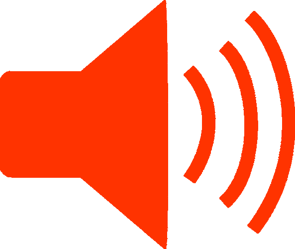 rotes Lautsprechersymbol, nach rechts ausgerichtet mit 3 Klangkreisen