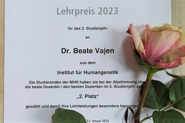 2. Platz Lehrepreis Medizin, Urkunde Beate Vajen