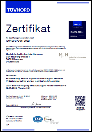 Abbildung des ISO/IEC 27001:2022 Zertifikats der MHH