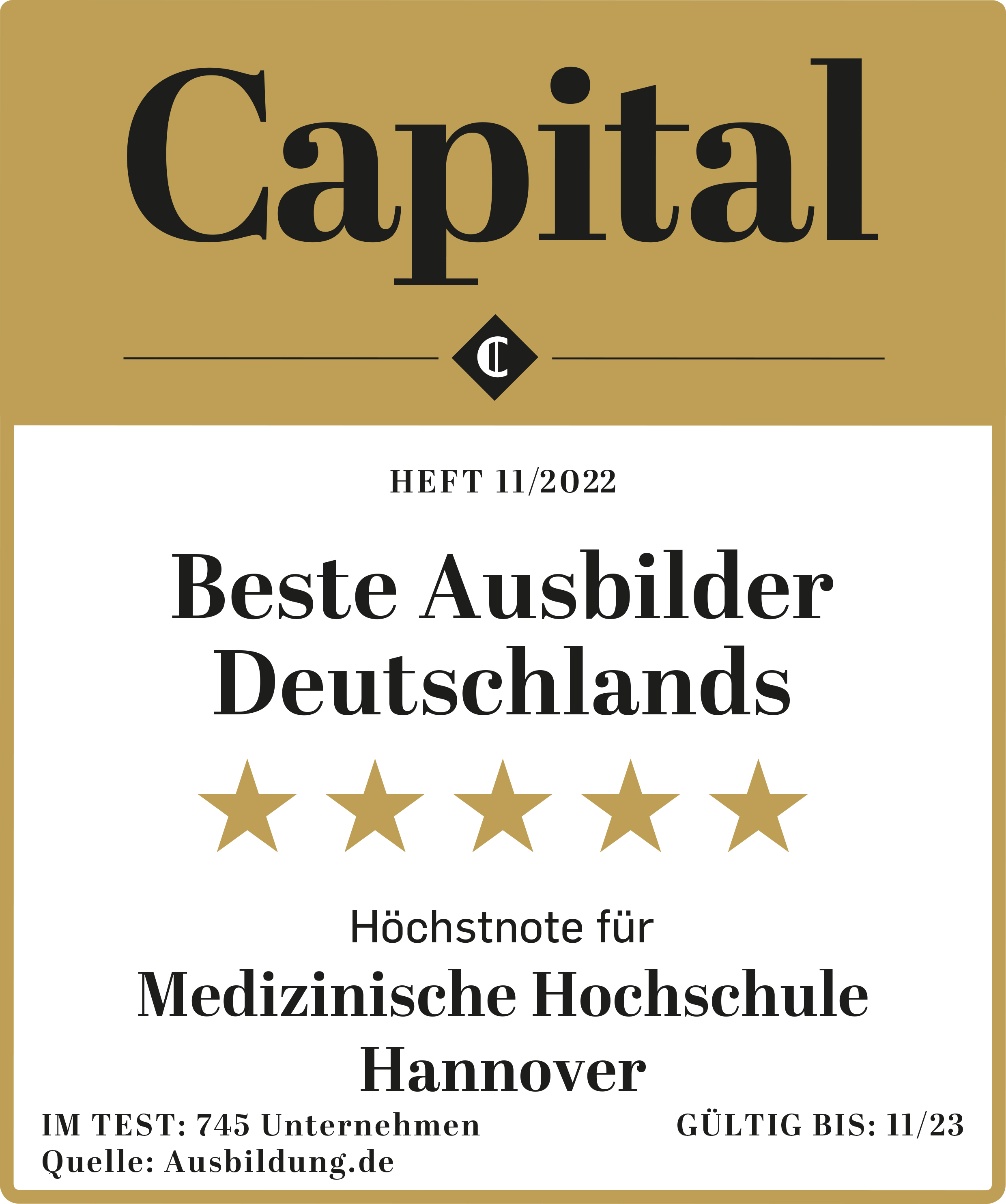 Grafik mit fünf goldfarbenen Sternen und dem Schriftzug Capital Bestes Ausbilder Deutschlands Höchstnote für Medizinische Hochschule Hannover