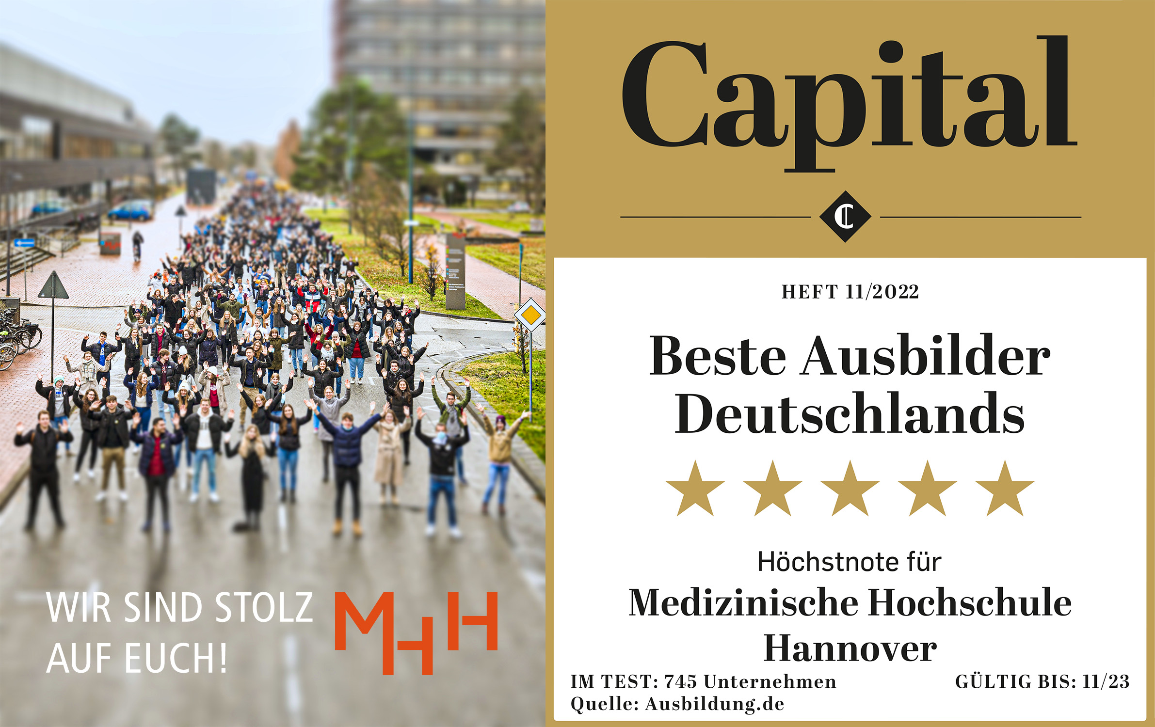 Bildcollage mit Logo Beste Ausbilder Deutschlands vom Magazin Capital und Bild mit mehr als einhundert Auszubildenden der MHH, die auf einer der Campus-Straßen stehen und die Hände hochstrecken.