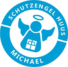 Logo Schutzengel-huus "Michael" blauer Engel mit Geschenk in der Hand