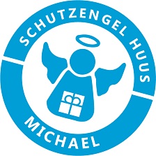 © Diakoniestation Hesel-Jümme-Uplengen gGmbH Logo Schutzengel-huus "Michael" blauer Engel mit Geschenk in der Hand