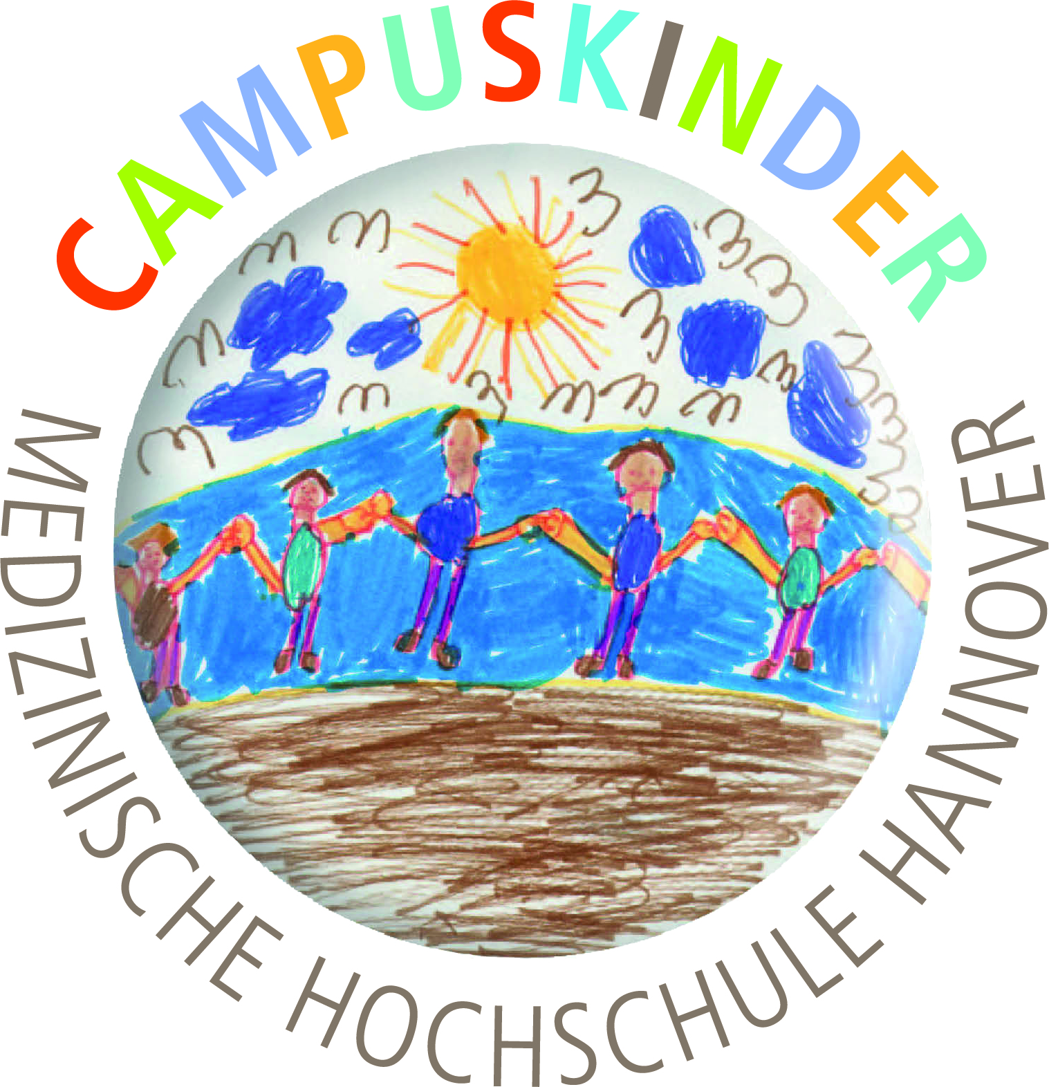 Das Logo der Campuskinder. Eine Zeichnung der Weltkugel mit Personen, die sich an den Händen halten und einem Himmel mit Sonne und Wolken. Um die Weltkugel steht der Schriftzug Campuskinder Medizinische Hochschule Hannover.