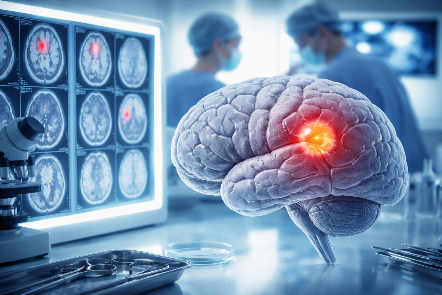KI generiertes Bild mit Tumorscans und Gehirnmodell im Vordergrund, zwei Ärzte im Hintergrund