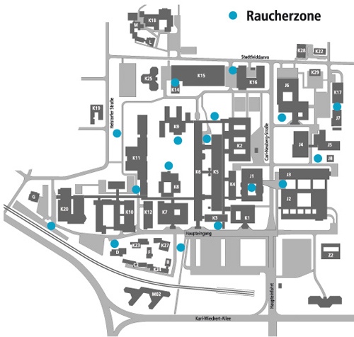 Lageplan der MHH mit den hervorgehobenen Raucherpoints