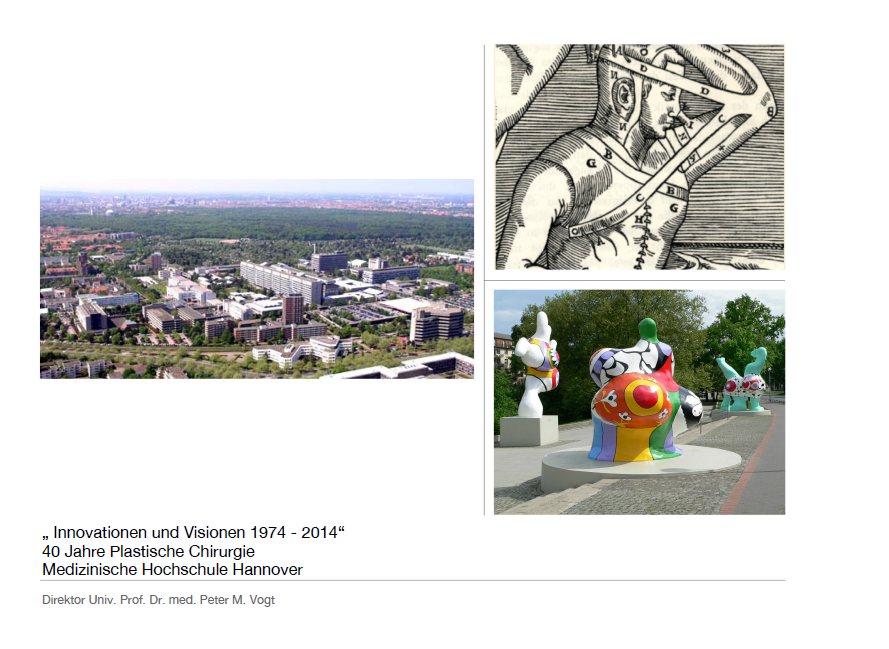 Drei Bilder - Luftaufnahme des MHH-Campus, die Nanas in Hannover, Zeichnung eines Mannes der den linken Arm über den Kopf hält. 
